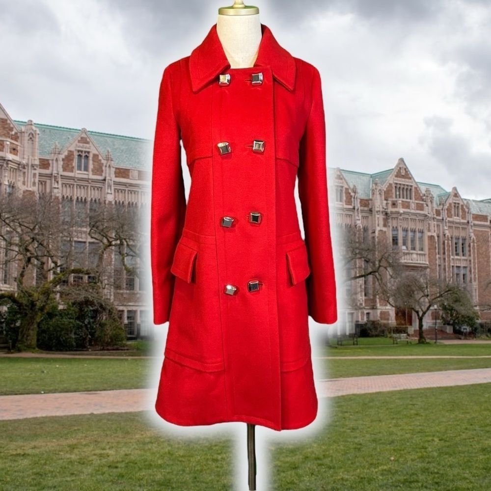 Marc by Marc Jacobs Bright Cherry Red Double-Breasted Wool Longline Coat Size S
